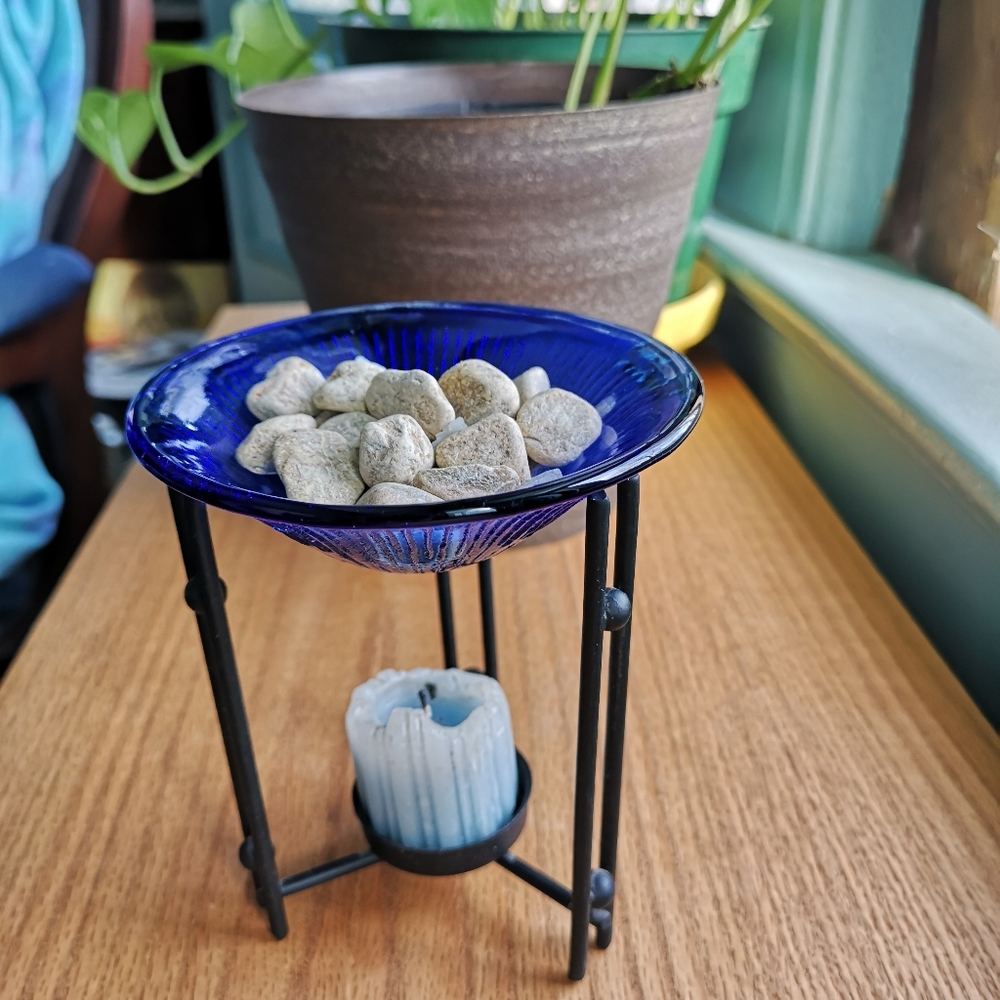 Votive candle holder, blue glass dish on stand